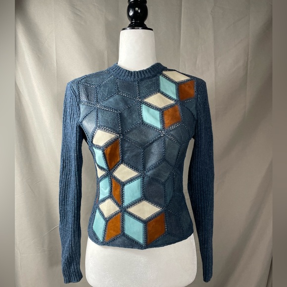 Vintage Sweaters - ❤️ Host Pick ❤️ Lambswool Cashmere Suede Leather Cuboid Patchwork Sweater Knit S
